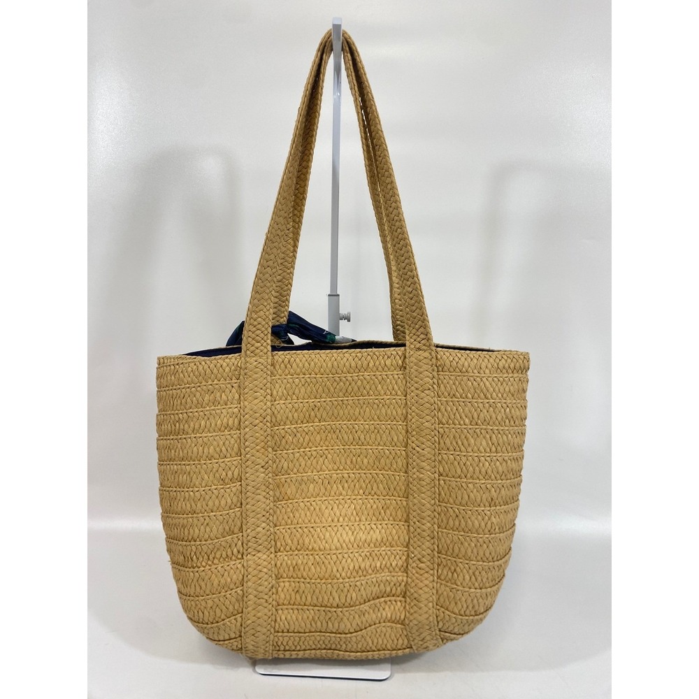Draper James Raffia Tote Bag Tan Woven Boho Beach Navy Floral Scarf‎ Magnolia - Picture 2 of 9